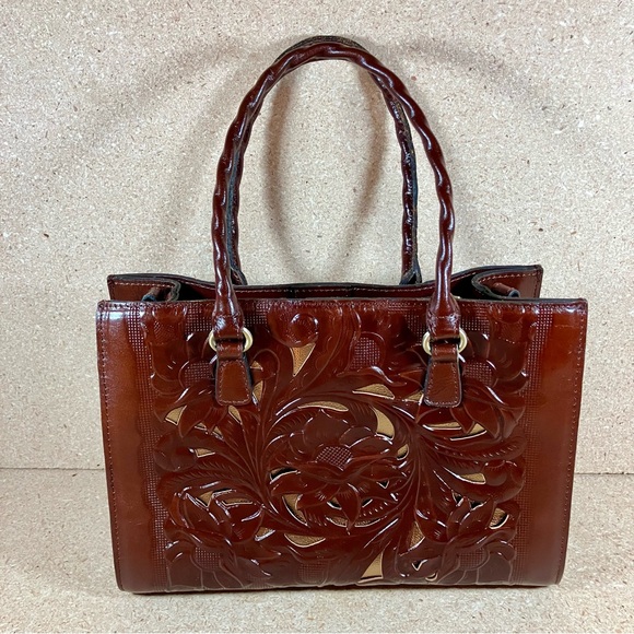 Patricia Nash Handbags - PATRICIA NASH Leather Primrose Satchel BOHO Brown Tooled Bag Floral & Gold